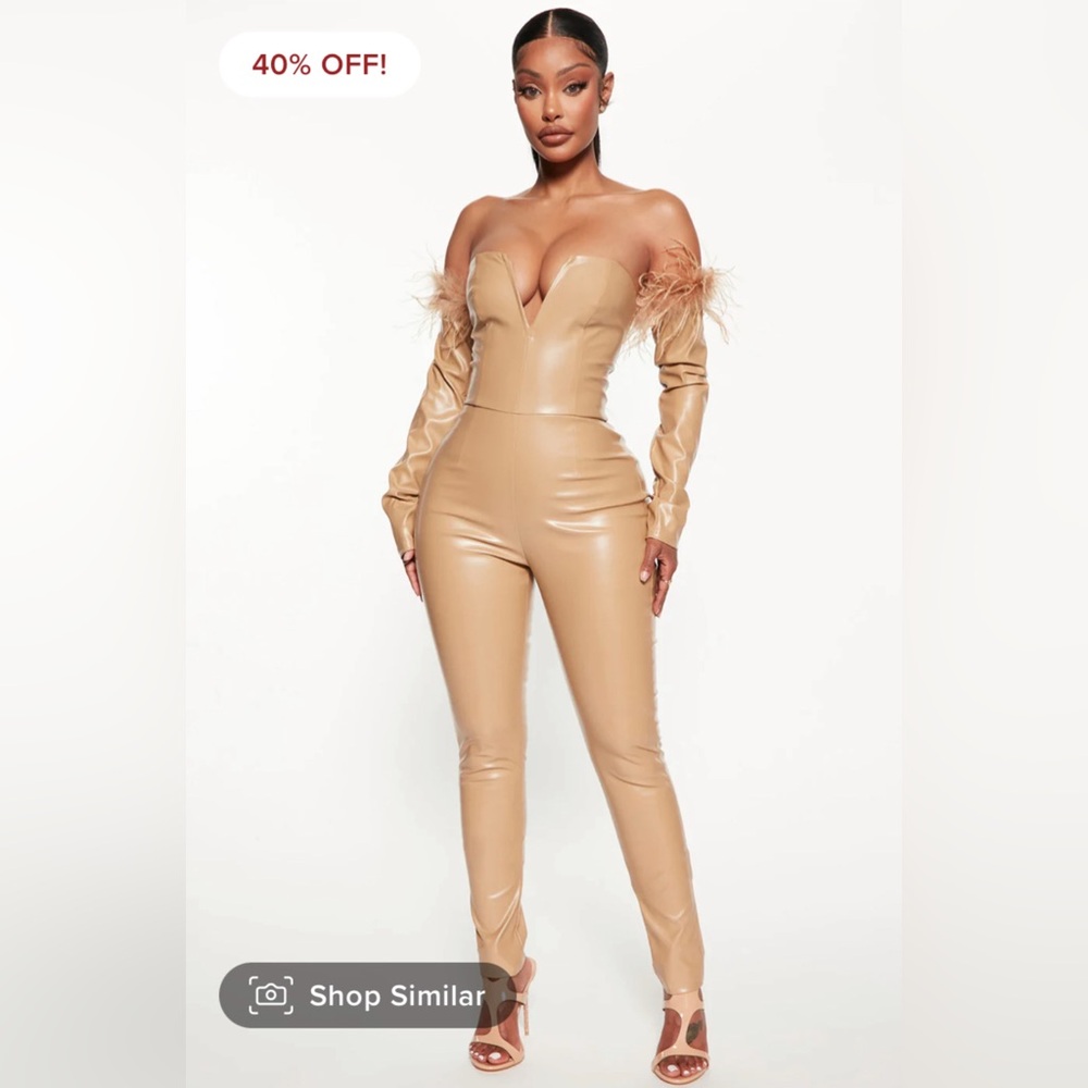 Fashion Nova Strapless Faux Leather Feather-Trim Jumpsuit - Beige